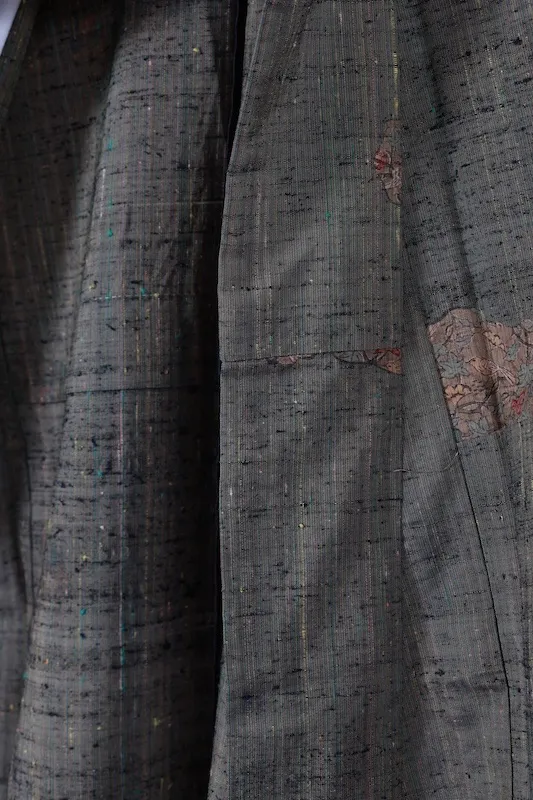 Japan Pre-loved silk kimono green, brown, rusty vermilion, and yellow; hand-woven and hand-painted; A094.
