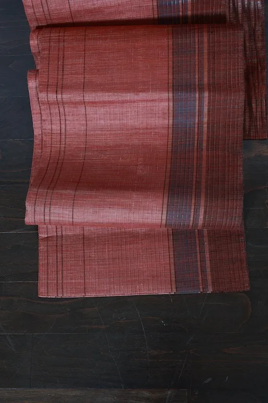 Fukuro Obi(used sash) – Watabun – Hand-woven – Shades of brown and indigo – Varied stripes – Horizontal bands – Stylized floral motifs (Karahana)B994