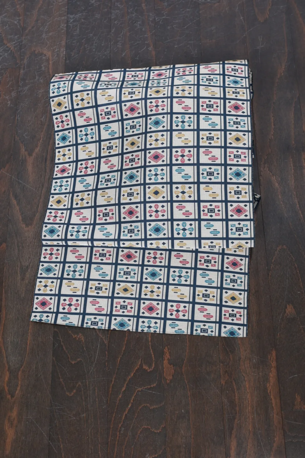 Nagoya Obi(used sash) – Beige, Mustard, Indigo, Blue – Plaid – R134