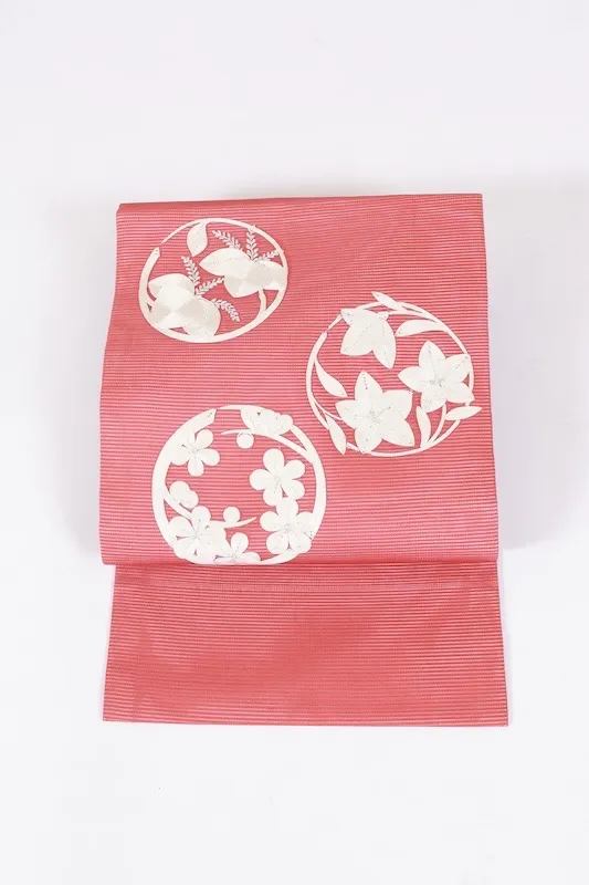 Summer Nagoya obi used (sash), ro silk, floral embroidery, coral color, L16