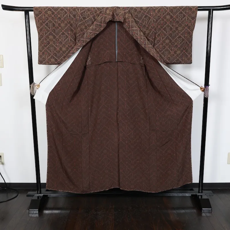 Japan used kimono fabric, brown, mustard yellow, purple, burgundy, arabesque pattern, T14