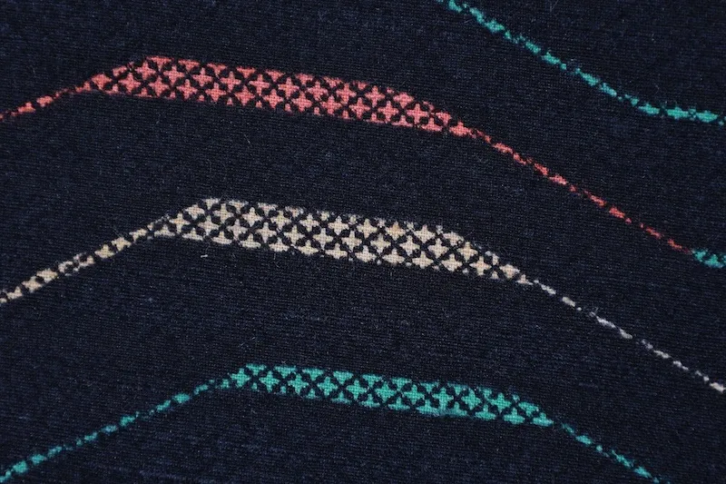 Japan used kimono patterned fabric, black, beige, emerald green, muted orange, B1498