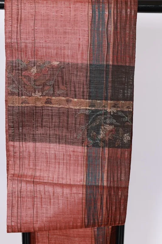 Fukuro Obi(used sash) – Watabun – Hand-woven – Shades of brown and indigo – Varied stripes – Horizontal bands – Stylized floral motifs (Karahana)B994