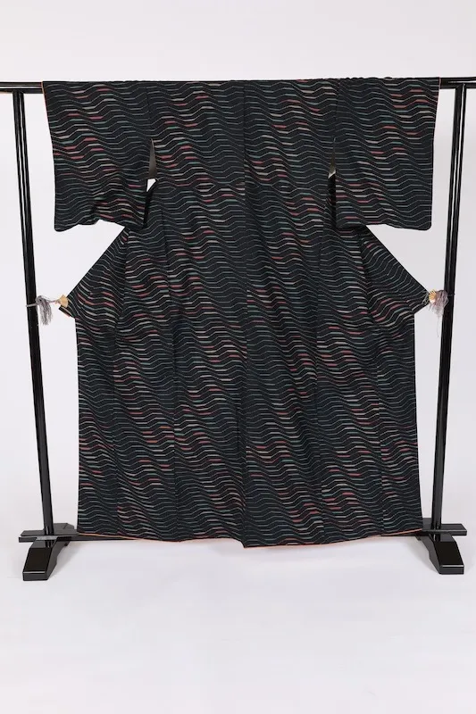 Japan used kimono patterned fabric, black, beige, emerald green, muted orange, B1498