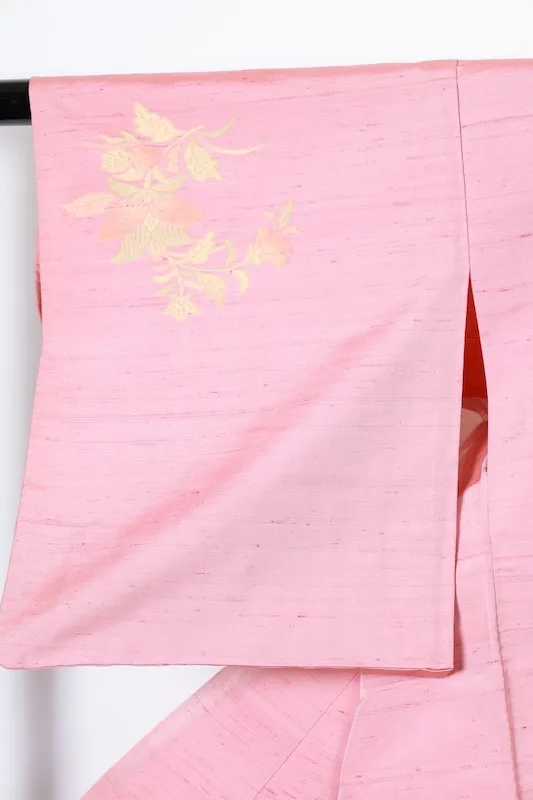 Japan used kimono(Tsumugi silk fabric), pink, yellow, green, floral pattern, handwoven, R199
