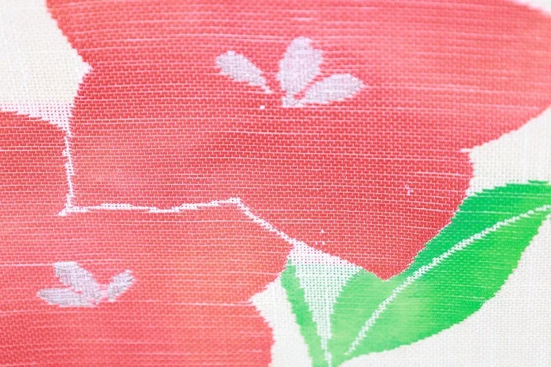 Summer Nagoya Obi(used sash)– Ecru, Sheer Gauze (Sha) Weave – Green & Red  R42