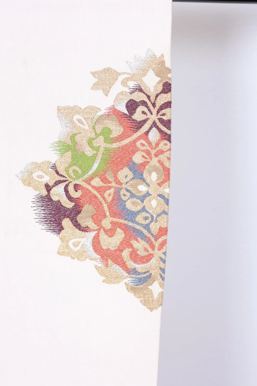Nagoya Obi(used sash) –  Hon-Tsuzure (Fingernail-woven tapestry weave) – Pale pink, gold, silver, purple, green, blue, and white – Shosoin-style pattern
