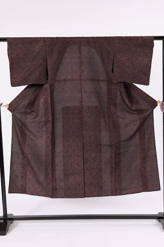 Tsumugi silk(Japan v kimono), brown and gray, geometric pattern, A072