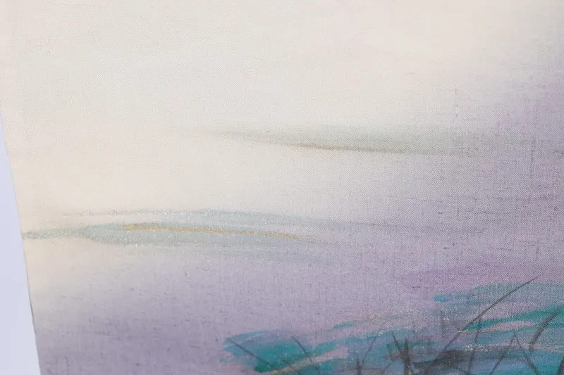 Fukuro Obi(used sash),  silk; off-white, pale purple, blue, sumi-ink black, gold, and green; hand-painted landscape design (B998)