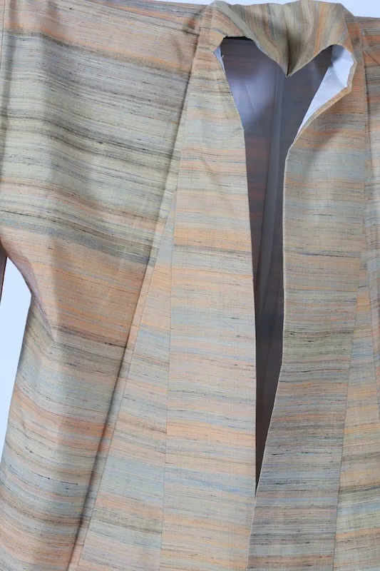 Gujo Tsumugi(Japan used kimono) – Beige, Indigo, Yellow – Horizontal Stripes – Botanical Dye – Hand-spun – K321