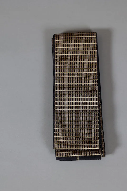 Men's Yukata used Obi (Sash) - Hakata Weave, Reversible, Dark Brown and Indigo Check Pattern, Single Stripe on the Reverse Side, L127
