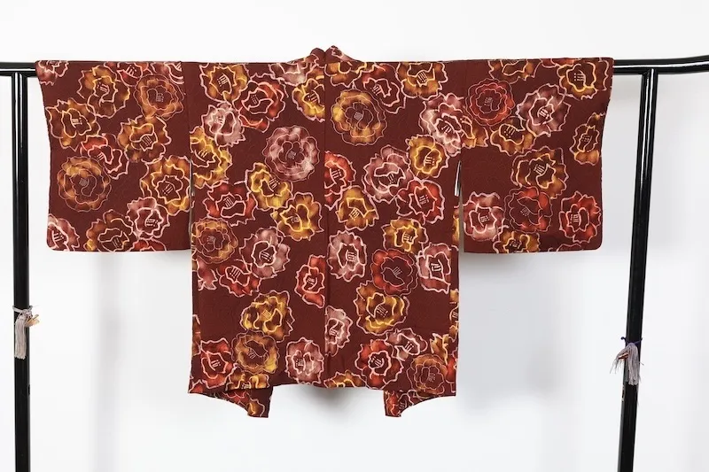 Japan used Haori – Brown, Yellow, Beige – Peony Pattern – Puffed Weave – T166