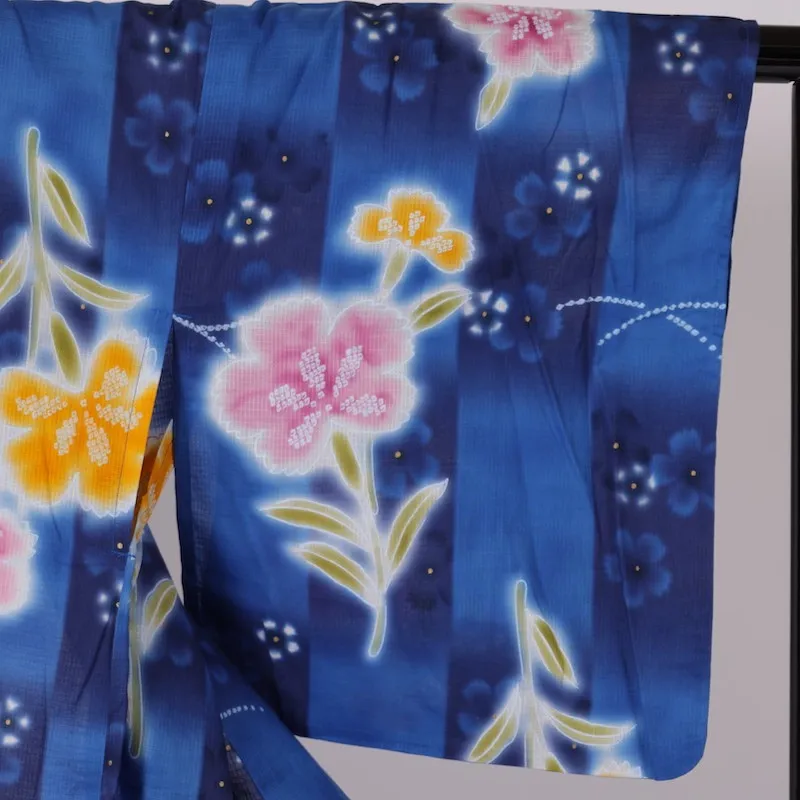 Yukata used(Japanese summer kimono) - Blue with floral pattern / A25