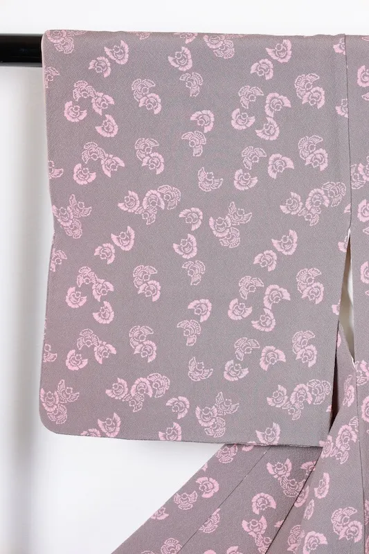 Komon (Japan used kimono silk crepe) by Tsujimura Jusaburo, gray with cherry blossom pink, featuring a swollen sparrow design, R163