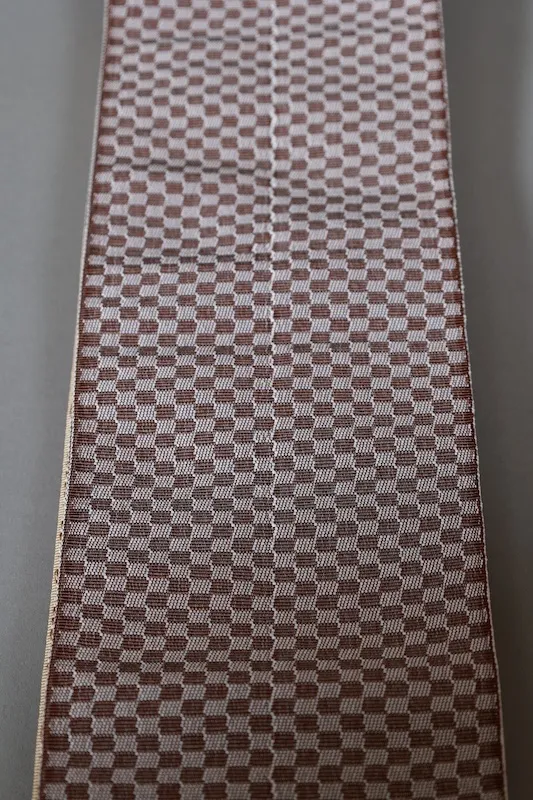 Men's Yukata Obi used (Sash) - Reversible - Beige/Brown with Horizontal Stripes, Reverse Side Purple/Brown with Checkered Pattern - L126