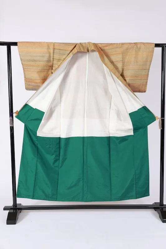 Gujo Tsumugi(Japan used kimono) – Beige, Indigo, Yellow – Horizontal Stripes – Botanical Dye – Hand-spun – K321