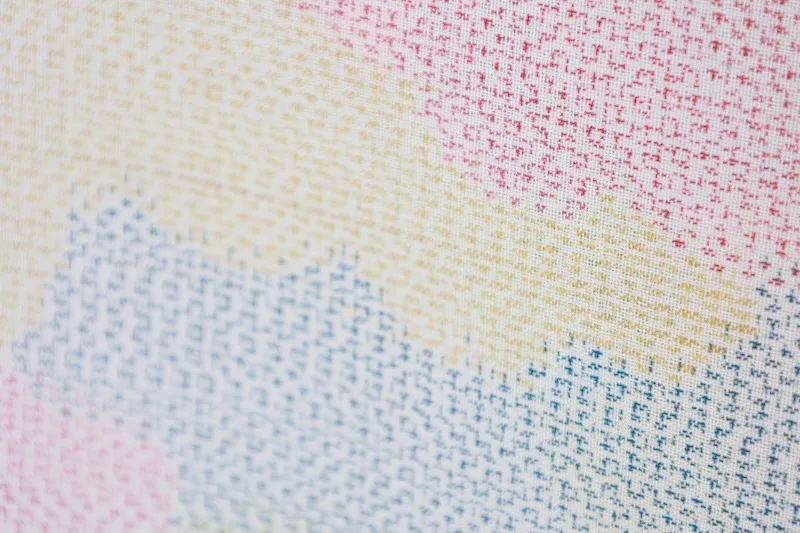 Japan used kimono Summer Tsumugi silk fabric, light blue, red, green, light yellow, cloud pattern, L55