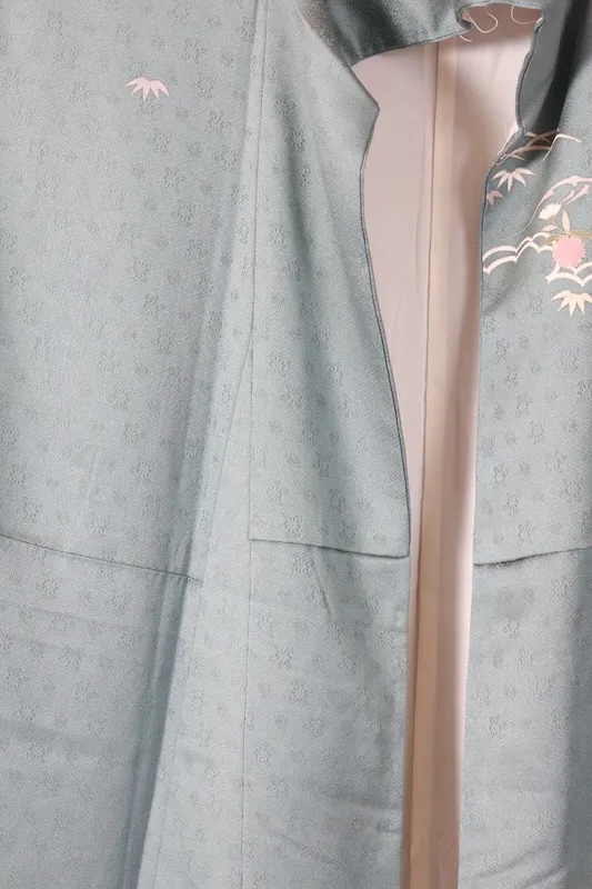 Formal used kimono (Houmongi) - Blue-gray, gold, coral red, purple, white, green, mandarin ducks, flowers, auspicious motifs, waves, Kyo-Yuzen dyeing, B1378