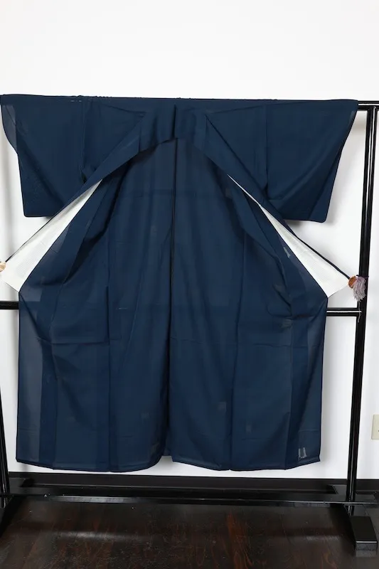 Summer used kimono, patterned gauze, navy blue, geometric pattern, R19