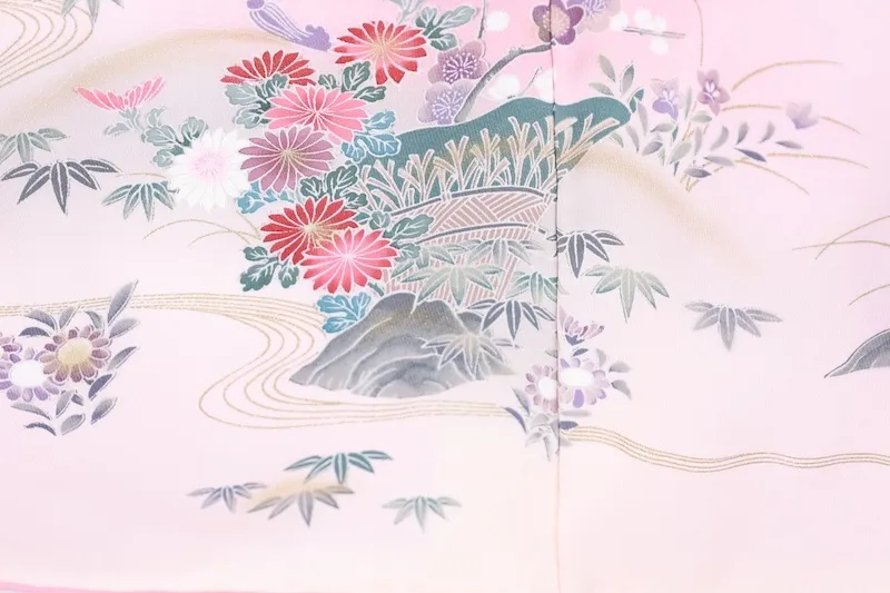 Visiting kimono used, cherry blossom pink, gray, gold, coral red, purple, indigo, green, Kyo-Yuzen dyeing, B1406