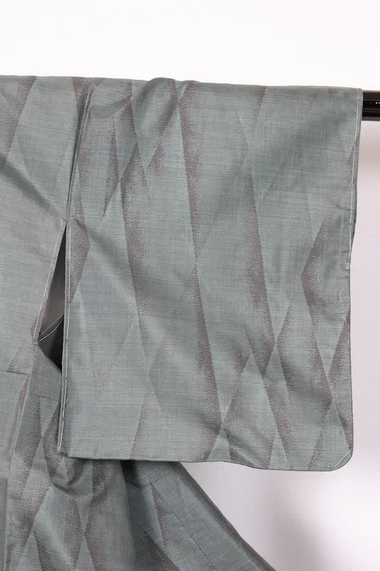 Authentic Oshima Tsumugi silk  kimono, brand new, unused, with certificate of authenticity. Green and gray,  R164