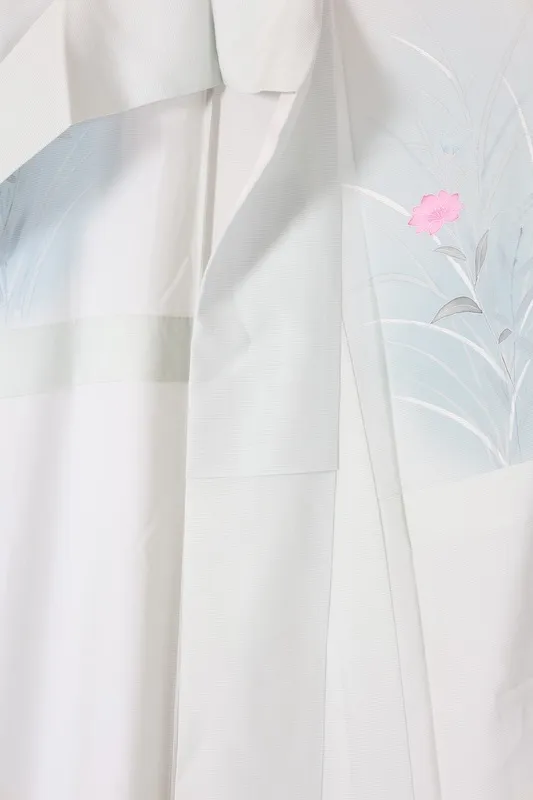 Summer formal kimono used (houmongi), ro silk, white-green, gray, white, coral, blue, floral pattern, L61