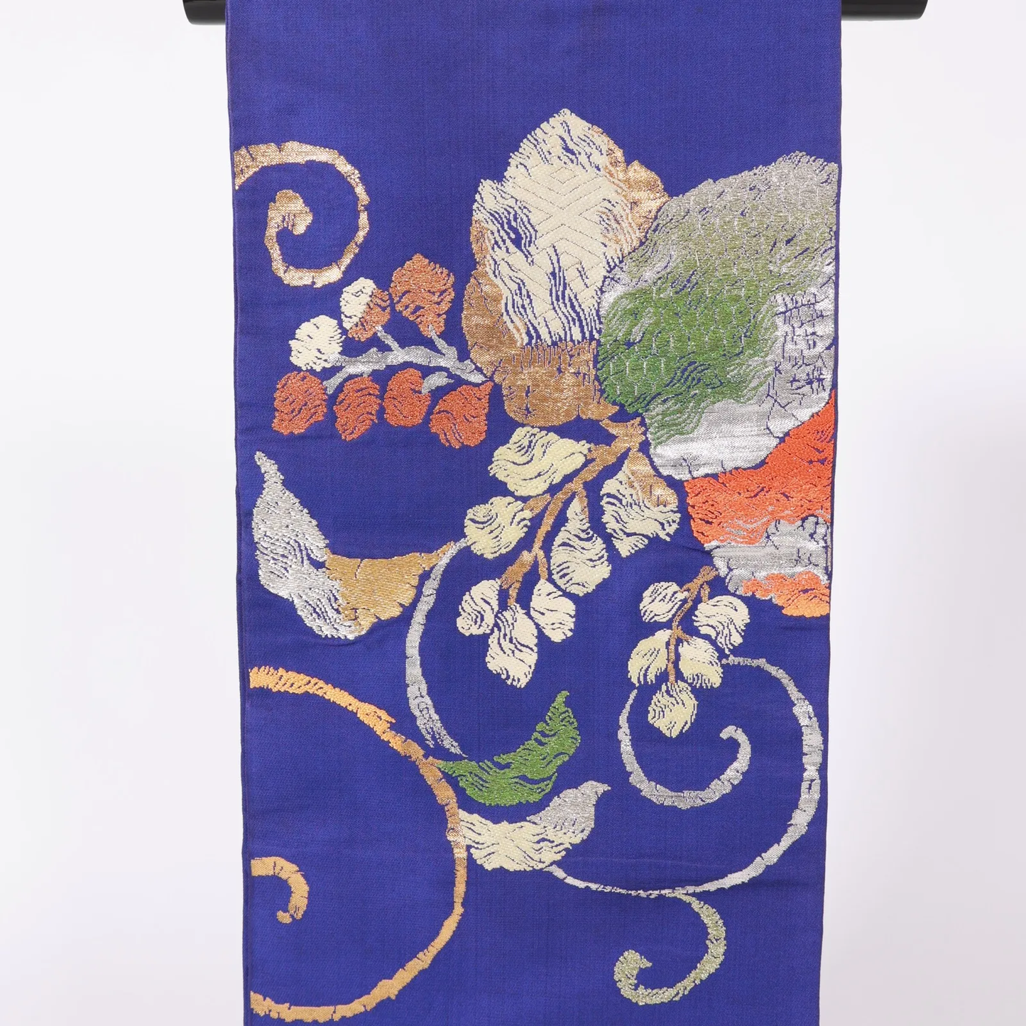 Authentic Fukuro Obi used(formal obi sash), handwoven, brocade, Tatsumura brand, blue, silver, gold, off-white, green V31