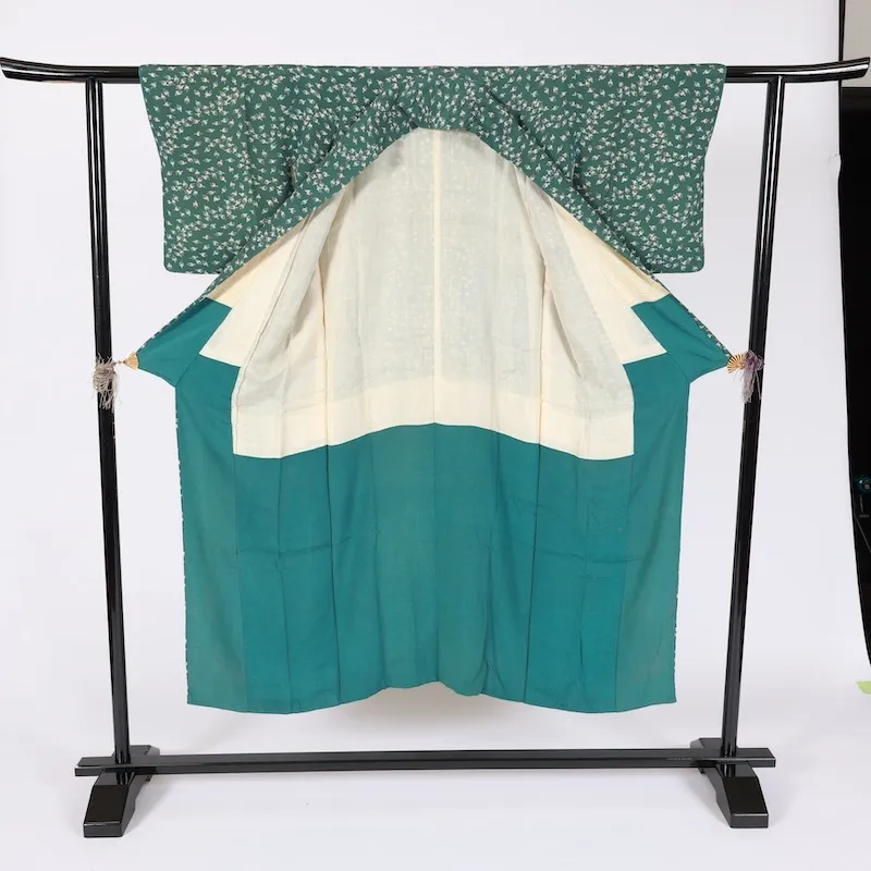 Japan used Kimono – Green & Pale Purple – Birds – D002