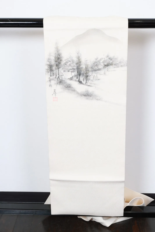 Nagoya Obi(used sash) – White, Sumi-ink, and Brown – Pastoral Landscape – Artist-signed (R113)