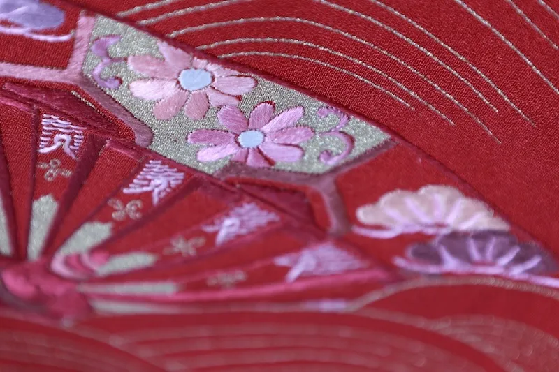 Japan used Kimono – Red, Gold, Cherry Blossom Pink, Wine – Cranes, Waves, Cart – Embroidery – Kyo-Yuzen – B1048