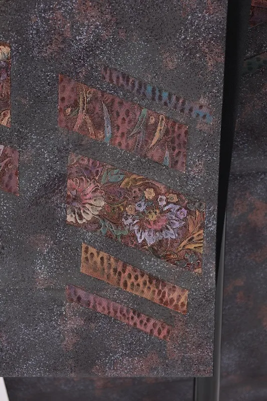 Brand new, unused obi (sash). Purple, gray, purple, green. Burnt foil, floral pattern, gold-embossed leather. L26