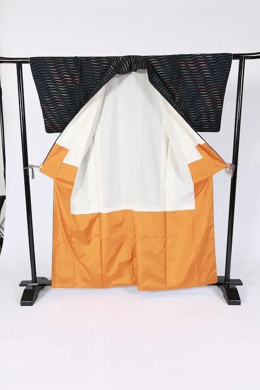 Japan used kimono patterned fabric, black, beige, emerald green, muted orange, B1498