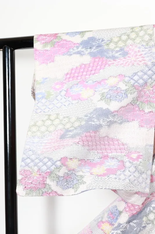 Tsumugi(used kimono)White, Light Blue, Pink, Green, Black, Blue; Kasuri ; Hand-woven; R35