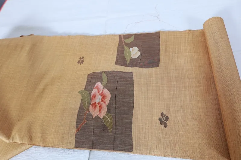 Nagoya Obi – Brand New, Untailored – Mustard, Brown, Green – Camellia (A410)