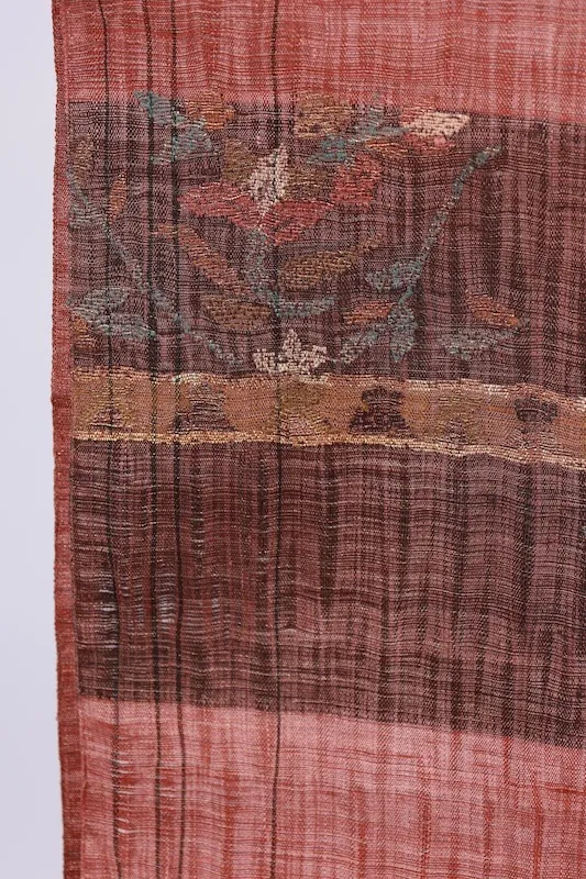 Fukuro Obi(used sash) – Watabun – Hand-woven – Shades of brown and indigo – Varied stripes – Horizontal bands – Stylized floral motifs (Karahana)B994
