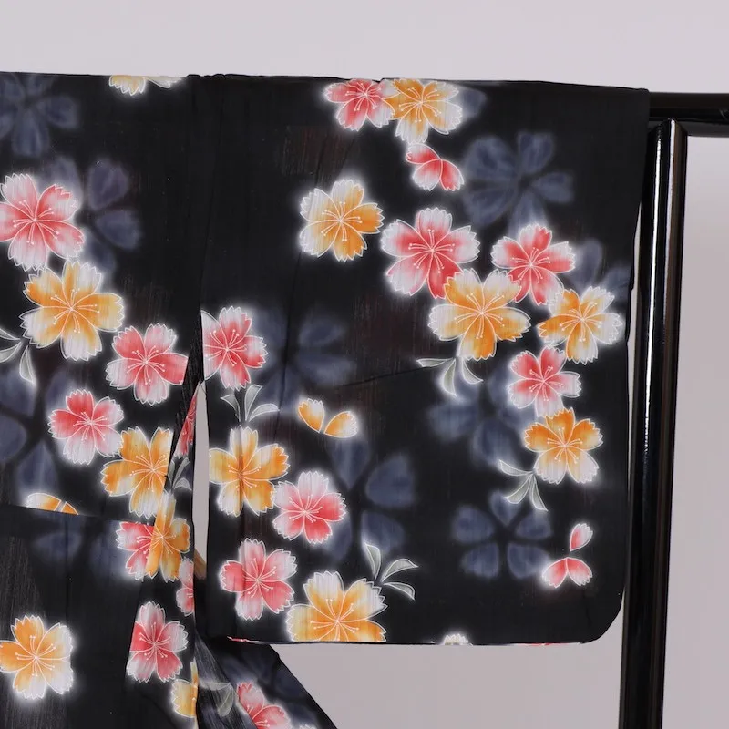 Yukata used (Japanese summer kimono) - Black with cherry blossom pattern / A101