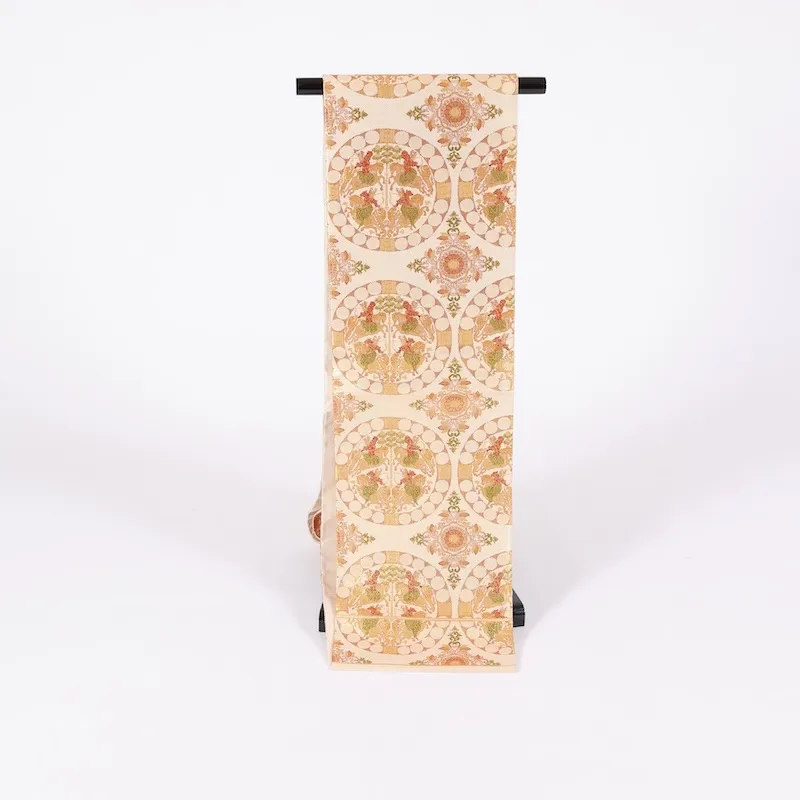 used Fukuro obi (formal sash) - Gold, Green, Brown - Hunting pattern - Tang flower pattern - G46
