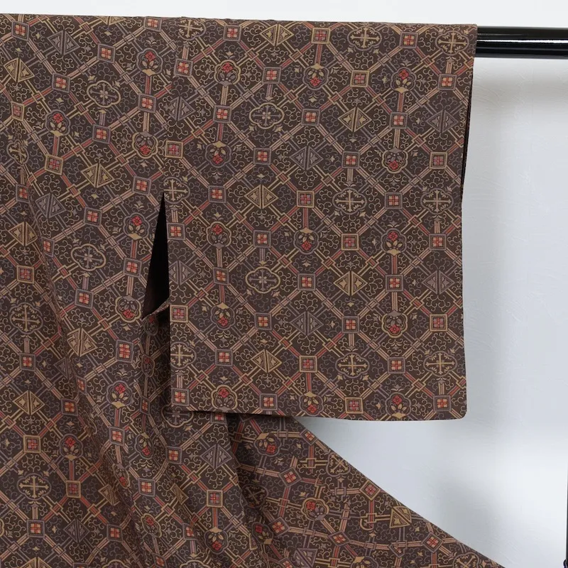 Japan used kimono fabric, brown, mustard yellow, purple, burgundy, arabesque pattern, T14