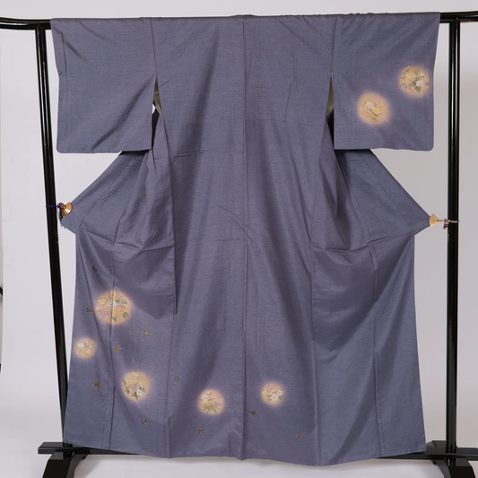 Silk pongee visiting kimono used, purple, indigo, gold, silver, green, auspicious motifs: cherry blossoms, plum blossoms, bamboo, chrysanthemums, V15