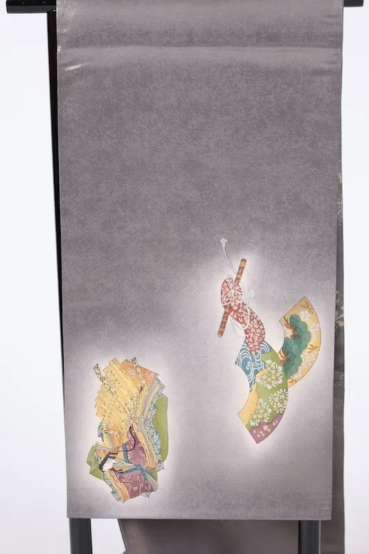 Fukuro obi used(formal sash) - Gray, Gold, Indigo, Green, Purple, Ochre, Silver - Tarumoto Isezo - Kasen (poet), Flute, Seigaiha (wave pattern), Flower - Kyo-Yuzen (Kyoto-style dyeing) - L9
