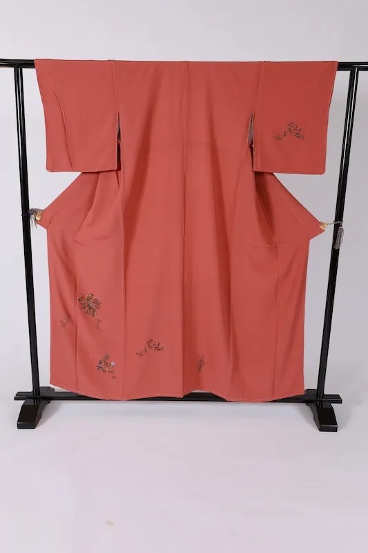 Tsukesage Kimono – Brand New & Unused – Salmon Pink, Green, Purple, Gray – Floral Design – Hand-Embroidered – B1409