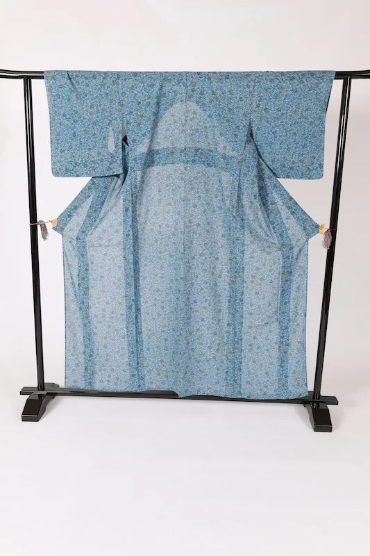 Japan Summer Komon (used kimono), ro (black), blue, green, white, small floral pattern, L64