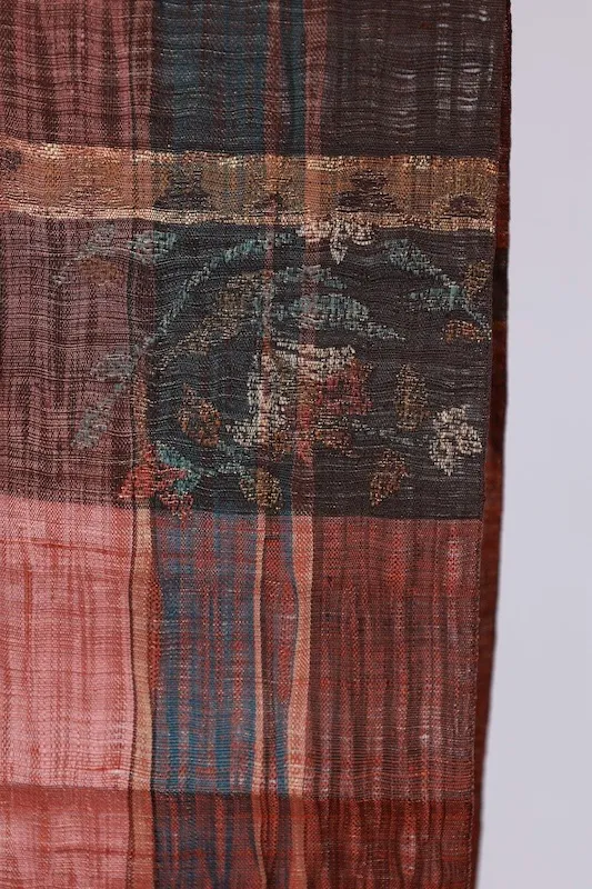 Fukuro Obi(used sash) – Watabun – Hand-woven – Shades of brown and indigo – Varied stripes – Horizontal bands – Stylized floral motifs (Karahana)B994