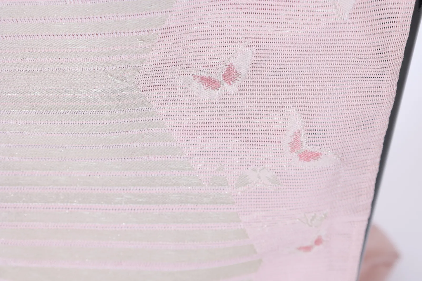 Summer obi (sash), brand new, unstitched, ro (high-grade silk), cherry blossom pink, silver, butterfly pattern, horizontal stripes, L18