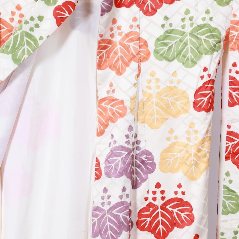 Furisode used (long-sleeved kimono) - Off-white, red, green, yellow, purple, gold - K93