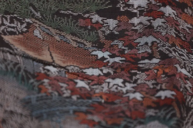 Oshima Tsumugi(Japan kimono) – Genuine Mud-Dyed & Botanical-Dyed – Brown, Indigo, Green, Red – 9-Maruki – Pastoral Landscape – G11