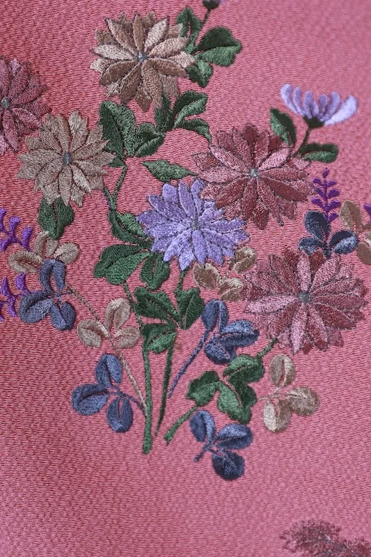 Tsukesage Kimono – Brand New & Unused – Salmon Pink, Green, Purple, Gray – Floral Design – Hand-Embroidered – B1409