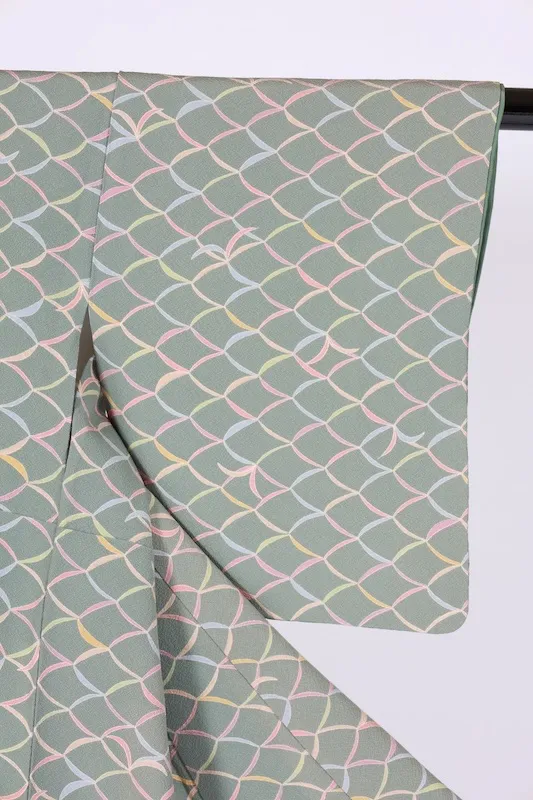 Japan used kimono fabric in green, purple, mustard yellow, gray, and coral yellow with an abstract pattern. B1468