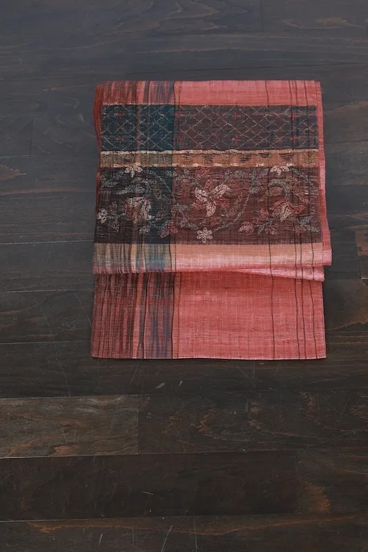 Fukuro Obi(used sash) – Watabun – Hand-woven – Shades of brown and indigo – Varied stripes – Horizontal bands – Stylized floral motifs (Karahana)B994