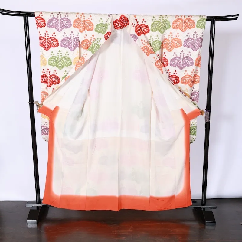 Furisode used (long-sleeved kimono) - Off-white, red, green, yellow, purple, gold - K93